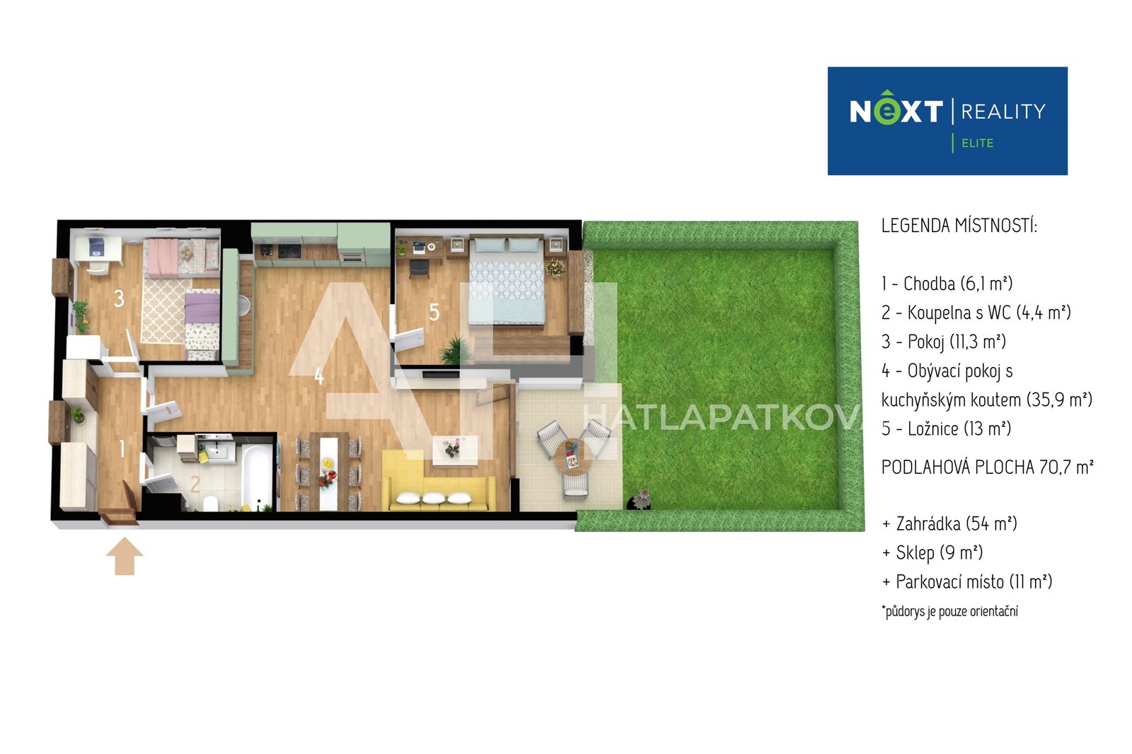 3D půdorys - byt 3+kk se zahrádkou