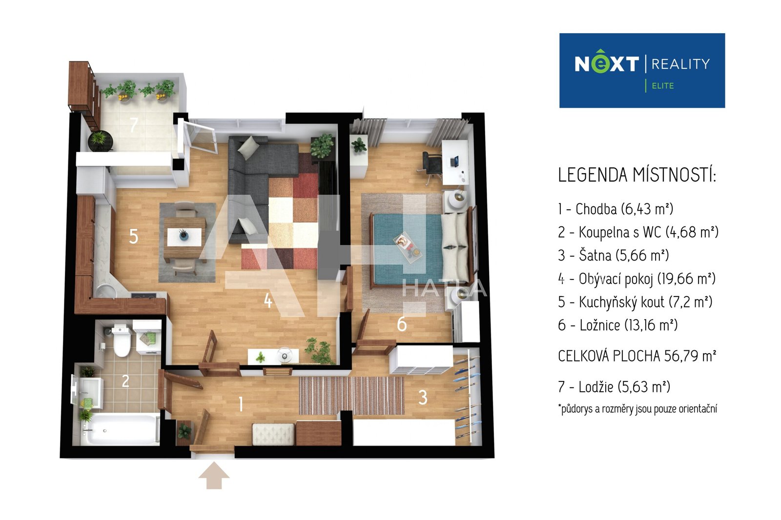 3D půdorys - byt 2+kk Chudčická, Brno